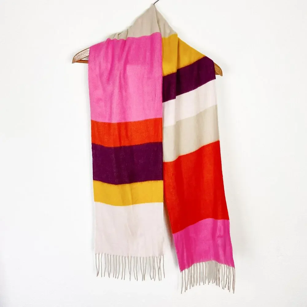 Cashmink Pink Yellow Cream Striped Rectangle Scarf with‎ Fringe Soft